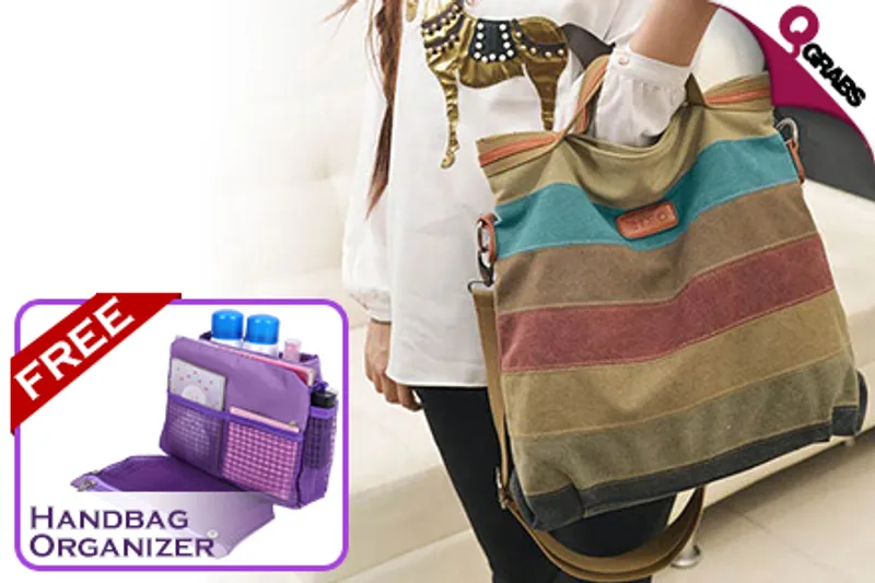 From QR99, Carry It All with Women’s Striped Canvas Messenger Tote Bags - Comes with FREE Travel Organizer Insert! (Up to QR358 Value)